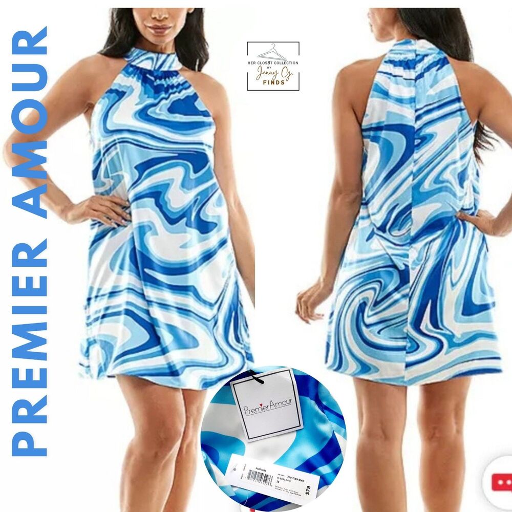Premier Amour Blue White Prints Halter Fully Lined Cocktail Dress S10 NWT $79